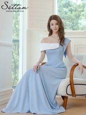 画像1: [ XS-Lサイズ / 1カラー ][ERUKEI/SETTAN]ブルー×ホワイト・バイカラー・ワンショルダー・変形襟・アシンメトリー・プリーツ・Aライン・ロングドレス[送料無料] (1)