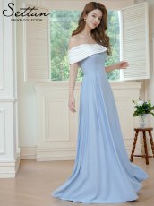 画像2: [ XS-Lサイズ / 1カラー ][ERUKEI/SETTAN]ブルー×ホワイト・バイカラー・ワンショルダー・変形襟・アシンメトリー・プリーツ・Aライン・ロングドレス[送料無料] (2)