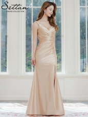 画像2: [ERUKEI/SETTAN]ノースリーブ・キャミソール・シンプル・セクシー・キャザー・サテン・スリット・Aライン・ロングドレス[送料無料] (2)