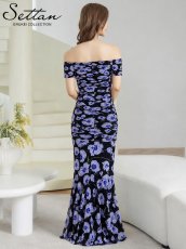 画像3: [ XS-Lサイズ / 1カラー][ERUKEI/SETTAN]プリント・花柄・シフォン・オフショルダー・ギャザー・タイト・マーメイド・ロングドレス[送料無料] (3)