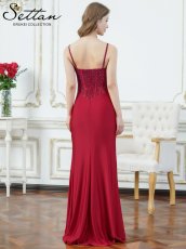 画像6: [ERUKEI/SETTAN]ラインストーン・シアー・ストレッチ・サテン・キャミソール・ギャザー・スリット・タイト・マーメイド・ロングドレス[送料無料] (6)