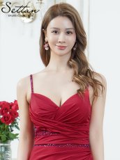 画像8: [ERUKEI/SETTAN]ラインストーン・シアー・ストレッチ・サテン・キャミソール・ギャザー・スリット・タイト・マーメイド・ロングドレス[送料無料] (8)