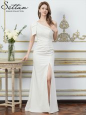 画像1: [ XS-Lサイズ / 2カラー][ERUKEI]サテン・レース・スパンコール・ワンショルダー・肩リボン・ギャザー・スリット・タイト・マーメイド・ロングドレス[送料無料] (1)