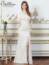 画像5: [ XS-Lサイズ / 2カラー][ERUKEI]サテン・レース・スパンコール・ワンショルダー・肩リボン・ギャザー・スリット・タイト・マーメイド・ロングドレス[送料無料] (5)