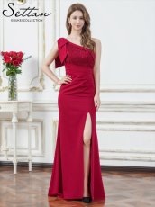 画像7: [ XS-Lサイズ / 2カラー][ERUKEI]サテン・レース・スパンコール・ワンショルダー・肩リボン・ギャザー・スリット・タイト・マーメイド・ロングドレス[送料無料] (7)