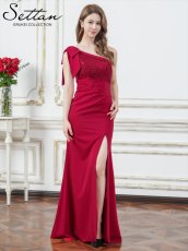 画像8: [ XS-Lサイズ / 2カラー][ERUKEI]サテン・レース・スパンコール・ワンショルダー・肩リボン・ギャザー・スリット・タイト・マーメイド・ロングドレス[送料無料] (8)