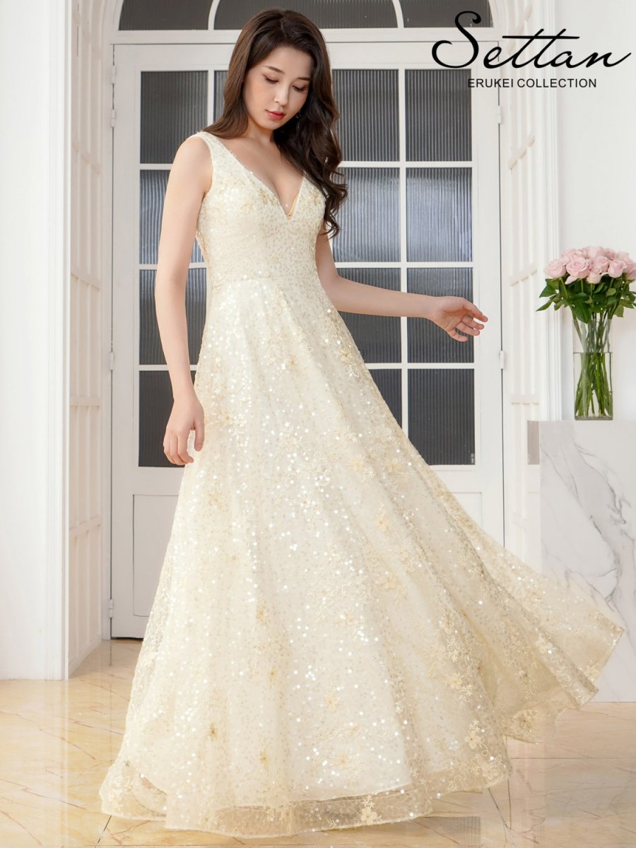 画像2: [ERUKEI/SETTAN]総レース・総スパンコール・刺繡・Vネック・ノースリーブ・フレア・Aライン・ロングドレス[送料無料] (2)