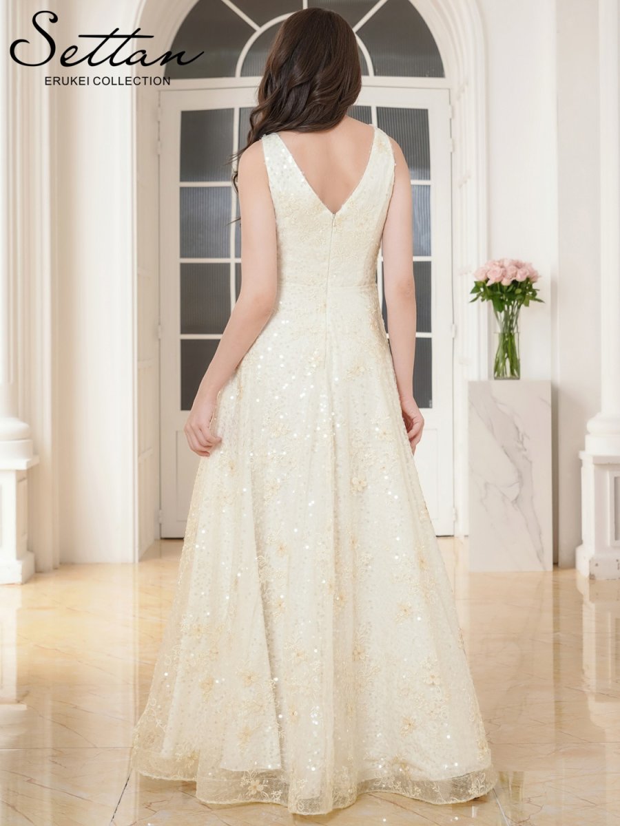 画像3: [ERUKEI/SETTAN]総レース・総スパンコール・刺繡・Vネック・ノースリーブ・フレア・Aライン・ロングドレス[送料無料] (3)