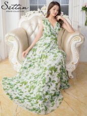 画像1: [ XS-Lサイズ / 1カラー][SETTAN]リーフ柄・プリント・シフォン・Vネック・ノースリーブ・Aライン・ロングドレス[送料無料] (1)