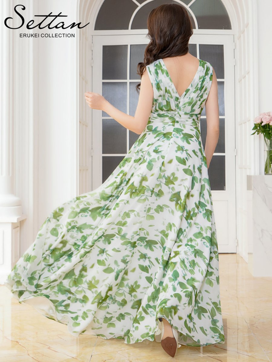 画像3: [ XS-Lサイズ / 1カラー][SETTAN]リーフ柄・プリント・シフォン・Vネック・ノースリーブ・Aライン・ロングドレス[送料無料] (3)