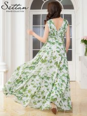 画像3: [ XS-Lサイズ / 1カラー][SETTAN]リーフ柄・プリント・シフォン・Vネック・ノースリーブ・Aライン・ロングドレス[送料無料] (3)