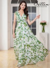画像5: [ XS-Lサイズ / 1カラー][SETTAN]リーフ柄・プリント・シフォン・Vネック・ノースリーブ・Aライン・ロングドレス[送料無料] (5)