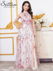 画像1: [ XS-Lサイズ / 2カラー][ERUKEI]アメリカンスリーブ・シフォン・花柄・プリント・スリット・セクシー・Aライン・ロングドレス[送料無料] (1)