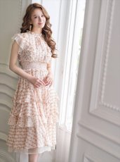 画像2: [ERUKEI/SETTAN]ホワイト×オレンジ・プリント・ティアード・フリル・プチハイネック・ミディアムドレス・ワンピース[送料無料] (2)