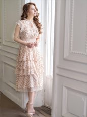 画像5: [ERUKEI/SETTAN]ホワイト×オレンジ・プリント・ティアード・フリル・プチハイネック・ミディアムドレス・ワンピース[送料無料] (5)