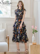 画像1: [ERUKEI/SETTAN]ブラックｘオレンジ・ブラック×レッド・ネイビー×イエロー・ティアード・フリル・プチハイネック・ミディアムドレス・ワンピース[送料無料] (1)