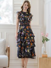 画像4: [ERUKEI/SETTAN]ブラックｘオレンジ・ブラック×レッド・ネイビー×イエロー・ティアード・フリル・プチハイネック・ミディアムドレス・ワンピース[送料無料] (4)