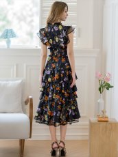 画像7: [ERUKEI/SETTAN]ブラックｘオレンジ・ブラック×レッド・ネイビー×イエロー・ティアード・フリル・プチハイネック・ミディアムドレス・ワンピース[送料無料] (7)