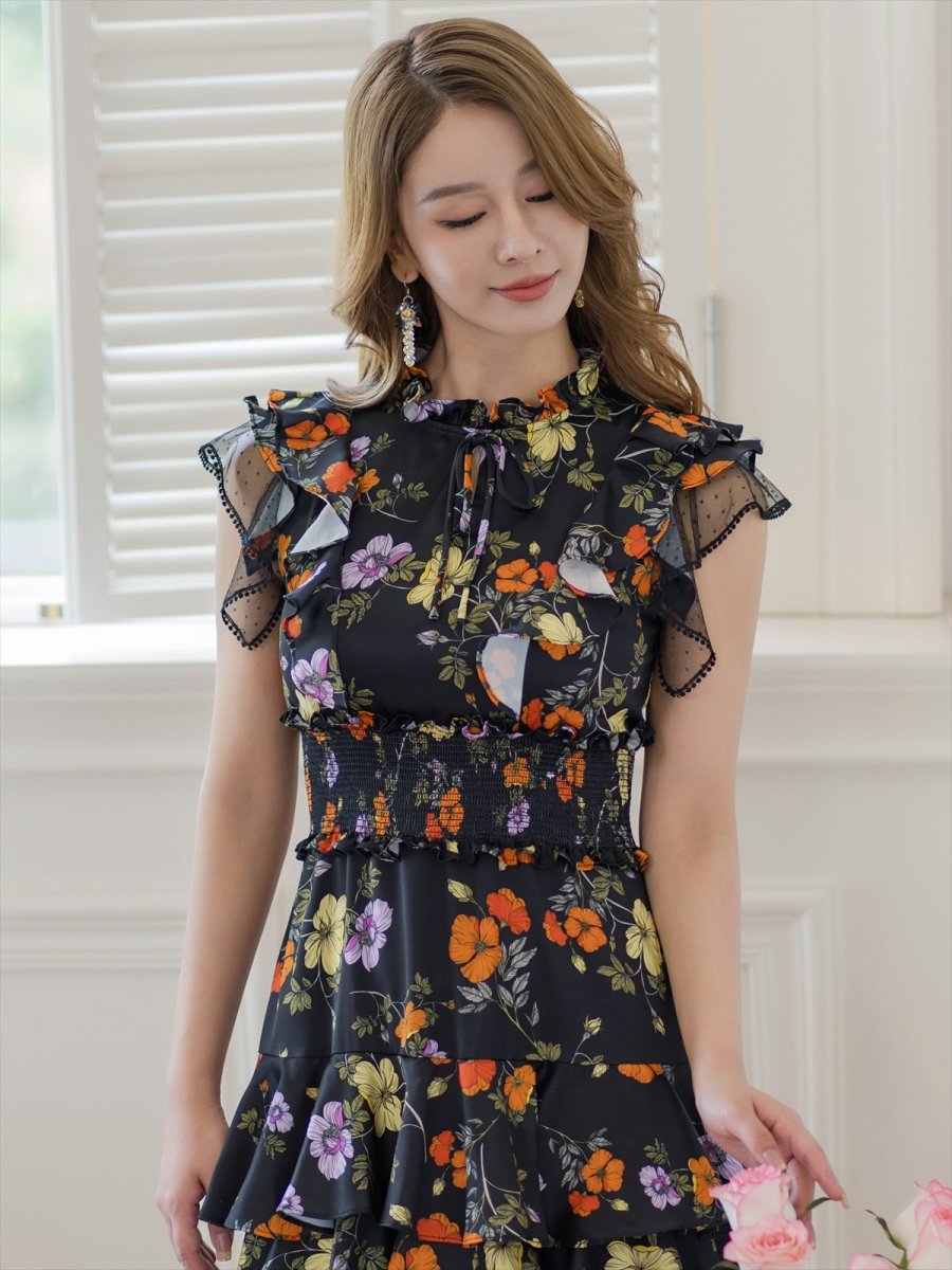 画像10: [ERUKEI/SETTAN]ブラックｘオレンジ・ブラック×レッド・ネイビー×イエロー・ティアード・フリル・プチハイネック・ミディアムドレス・ワンピース[送料無料] (10)