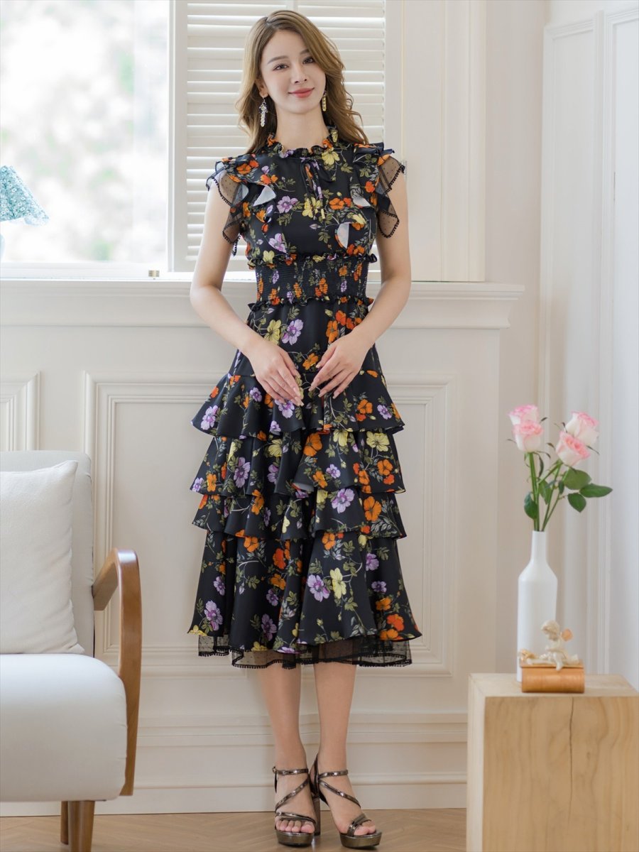 画像13: [ERUKEI/SETTAN]ブラックｘオレンジ・ブラック×レッド・ネイビー×イエロー・ティアード・フリル・プチハイネック・ミディアムドレス・ワンピース[送料無料] (13)