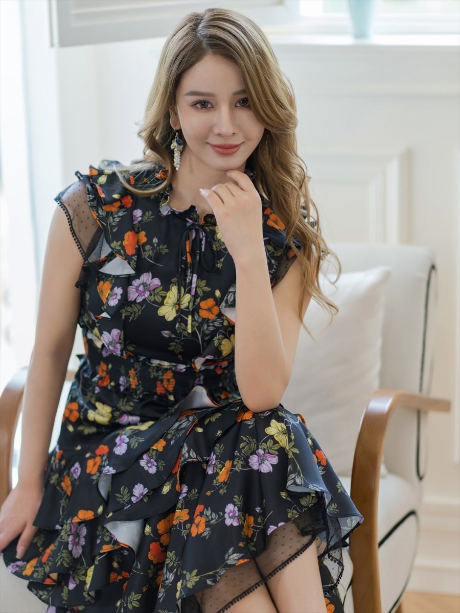 画像16: [ERUKEI/SETTAN]ブラックｘオレンジ・ブラック×レッド・ネイビー×イエロー・ティアード・フリル・プチハイネック・ミディアムドレス・ワンピース[送料無料] (16)