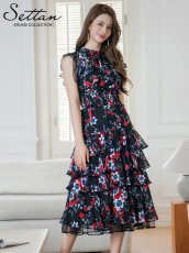 画像2: [ERUKEI/SETTAN]ブラックｘオレンジ・ブラック×レッド・ネイビー×イエロー・ティアード・フリル・プチハイネック・ミディアムドレス・ワンピース[送料無料] (2)