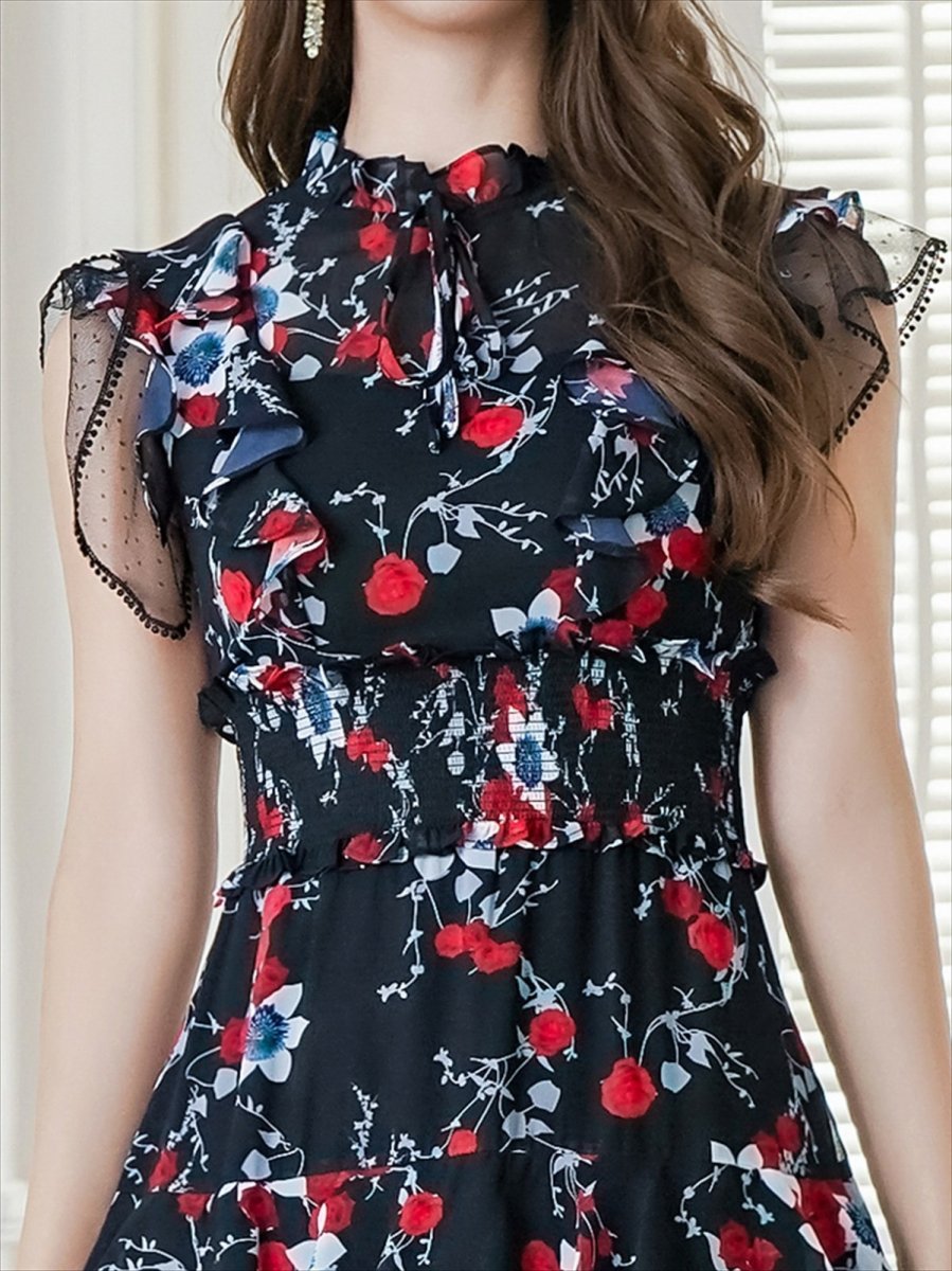 画像11: [ERUKEI/SETTAN]ブラックｘオレンジ・ブラック×レッド・ネイビー×イエロー・ティアード・フリル・プチハイネック・ミディアムドレス・ワンピース[送料無料] (11)