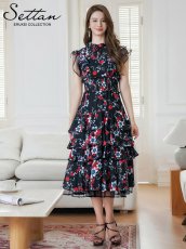 画像14: [ERUKEI/SETTAN]ブラックｘオレンジ・ブラック×レッド・ネイビー×イエロー・ティアード・フリル・プチハイネック・ミディアムドレス・ワンピース[送料無料] (14)