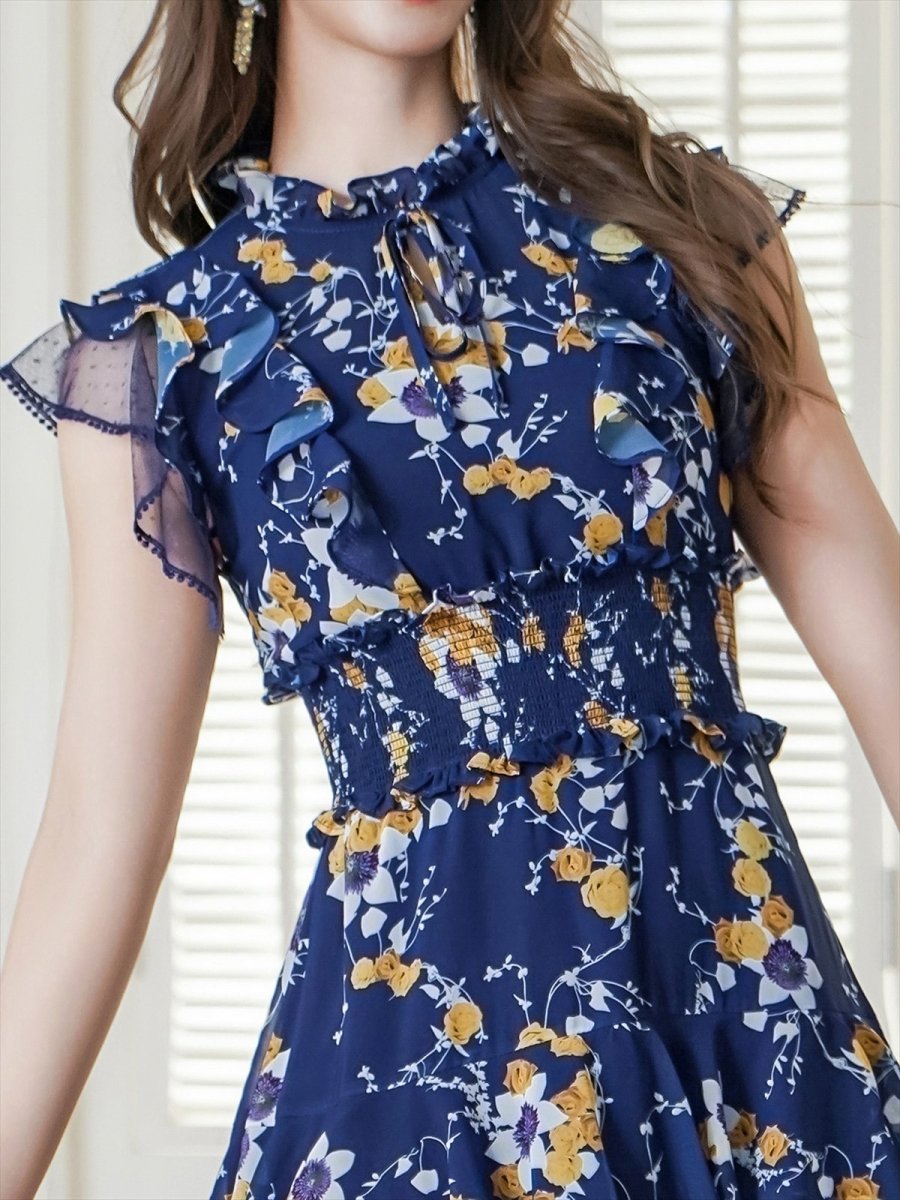 画像12: [ERUKEI/SETTAN]ブラックｘオレンジ・ブラック×レッド・ネイビー×イエロー・ティアード・フリル・プチハイネック・ミディアムドレス・ワンピース[送料無料] (12)