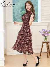 画像1: [ERUKEI/SETTAN]ブラック×レッド・花柄・ティアードフリル・Aライン・レースポイント・ミディアムドレス・ワンピース[送料無料] (1)