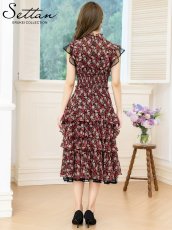 画像3: [ERUKEI/SETTAN]ブラック×レッド・花柄・ティアードフリル・Aライン・レースポイント・ミディアムドレス・ワンピース[送料無料] (3)