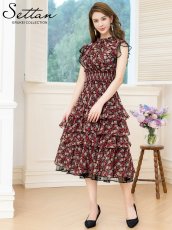 画像5: [ERUKEI/SETTAN]ブラック×レッド・花柄・ティアードフリル・Aライン・レースポイント・ミディアムドレス・ワンピース[送料無料] (5)