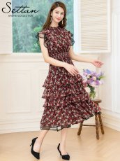 画像6: [ERUKEI/SETTAN]ブラック×レッド・花柄・ティアードフリル・Aライン・レースポイント・ミディアムドレス・ワンピース[送料無料] (6)