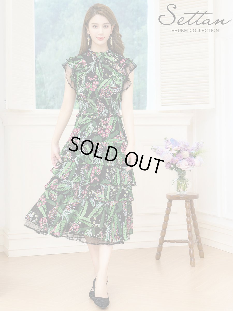 画像1: [ERUKEI]ブラック×グリーン・花柄・ティアードフリル・Aライン・レースポイント・ミディアムドレス・ワンピース[送料無料] (1)