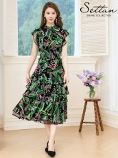 画像1: [ERUKEI]ブラック×グリーン・花柄・ティアードフリル・Aライン・レースポイント・ミディアムドレス・ワンピース[送料無料] (1)