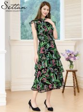 画像2: [ERUKEI]ブラック×グリーン・花柄・ティアードフリル・Aライン・レースポイント・ミディアムドレス・ワンピース[送料無料] (2)