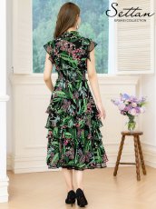 画像3: [ERUKEI]ブラック×グリーン・花柄・ティアードフリル・Aライン・レースポイント・ミディアムドレス・ワンピース[送料無料] (3)