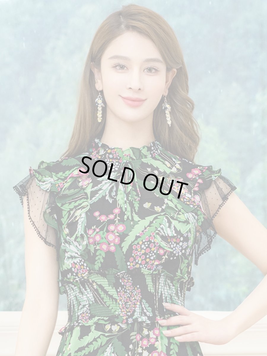 画像4: [ERUKEI]ブラック×グリーン・花柄・ティアードフリル・Aライン・レースポイント・ミディアムドレス・ワンピース[送料無料] (4)