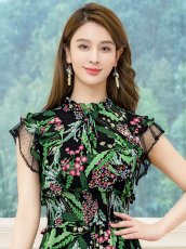 画像4: [ERUKEI]ブラック×グリーン・花柄・ティアードフリル・Aライン・レースポイント・ミディアムドレス・ワンピース[送料無料] (4)