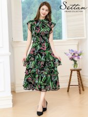 画像5: [ERUKEI]ブラック×グリーン・花柄・ティアードフリル・Aライン・レースポイント・ミディアムドレス・ワンピース[送料無料] (5)