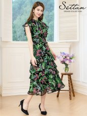 画像6: [ERUKEI]ブラック×グリーン・花柄・ティアードフリル・Aライン・レースポイント・ミディアムドレス・ワンピース[送料無料] (6)