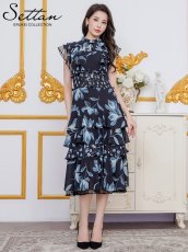 画像7: [ XS-Lサイズ / 2カラー][ERUKEI/SETTAN]花柄・シフォン・ティアードフリル・Aライン・レースポイント・ミディアムドレス・ワンピース[送料無料] (7)