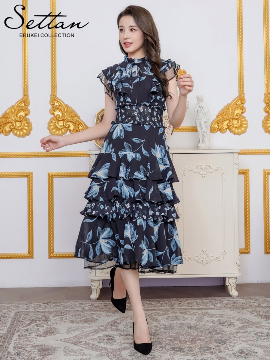 画像8: [ XS-Lサイズ / 2カラー][ERUKEI/SETTAN]花柄・シフォン・ティアードフリル・Aライン・レースポイント・ミディアムドレス・ワンピース[送料無料] (8)