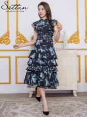 画像8: [ XS-Lサイズ / 2カラー][ERUKEI/SETTAN]花柄・シフォン・ティアードフリル・Aライン・レースポイント・ミディアムドレス・ワンピース[送料無料] (8)