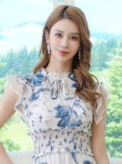 画像4: [ XS-Lサイズ / 2カラー][ERUKEI/SETTAN]花柄・シフォン・ティアードフリル・Aライン・レースポイント・ミディアムドレス・ワンピース[送料無料] (4)