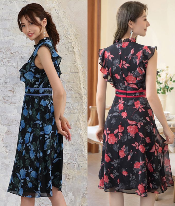 ERUKEISettan ブラック×ブルー 花柄刺繍 ノースリーブドレス ERUKEI]花柄・フリルスリーブ・ブラックベース・ノースリーブ・ハイ