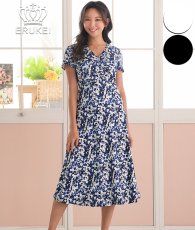 画像1: [ERUKEI]ブラック×ブルー・ ホワイト×ブルー・半袖・プリント・Aライン・ミディアムドレス・ワンピース[山崎みどり着用][送料無料] (1)
