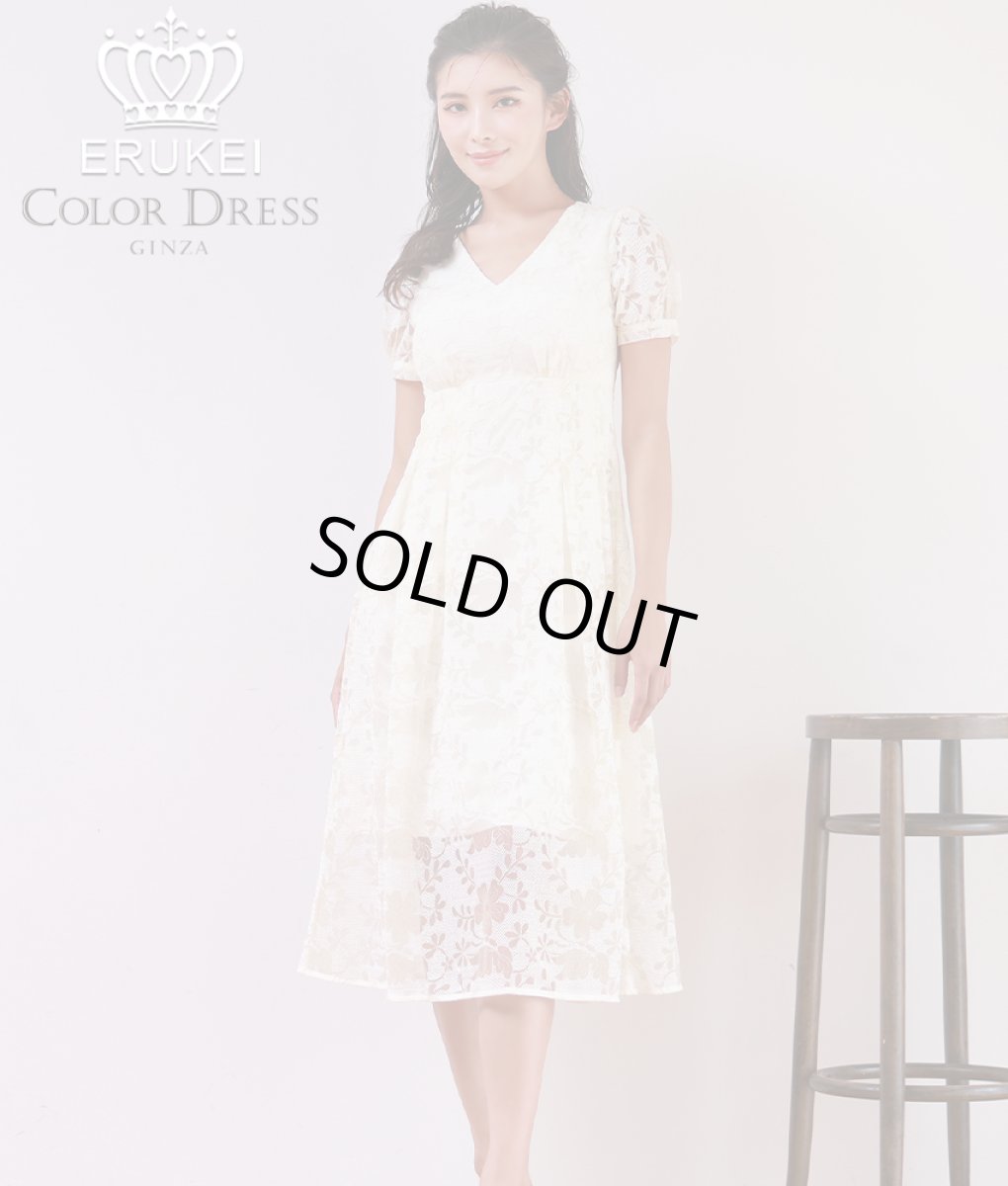 画像1: [ERUKEI]ホワイト・総レース・Aライン・上品・Vネック・半袖・ミディアムドレス・ワンピース[MIRIN着用][送料無料] (1)