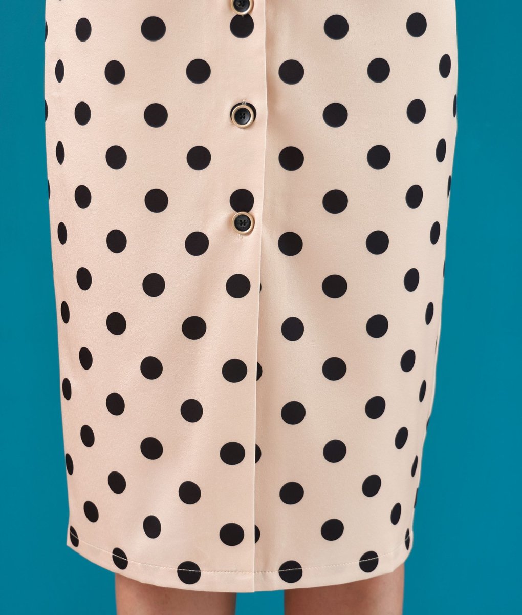 画像12: [ERUKEI]ノースリーブ・ベージュ×ドット・水玉・ウエストリボン・Vネック・ミディアムドレス・ワンピース[山崎みどり着用][送料無料]myjubk (12)