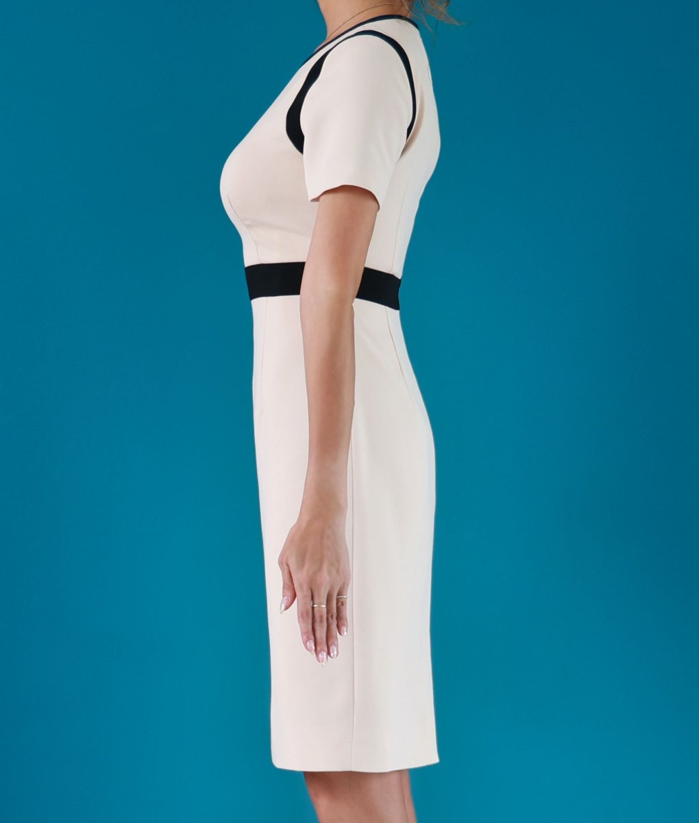 画像7: [ERUKEI]半袖・ベージュ・ブラック・バイカラー・タイト・膝丈・ミニドレス・ワンピース[山崎みどり着用][送料無料] (7)